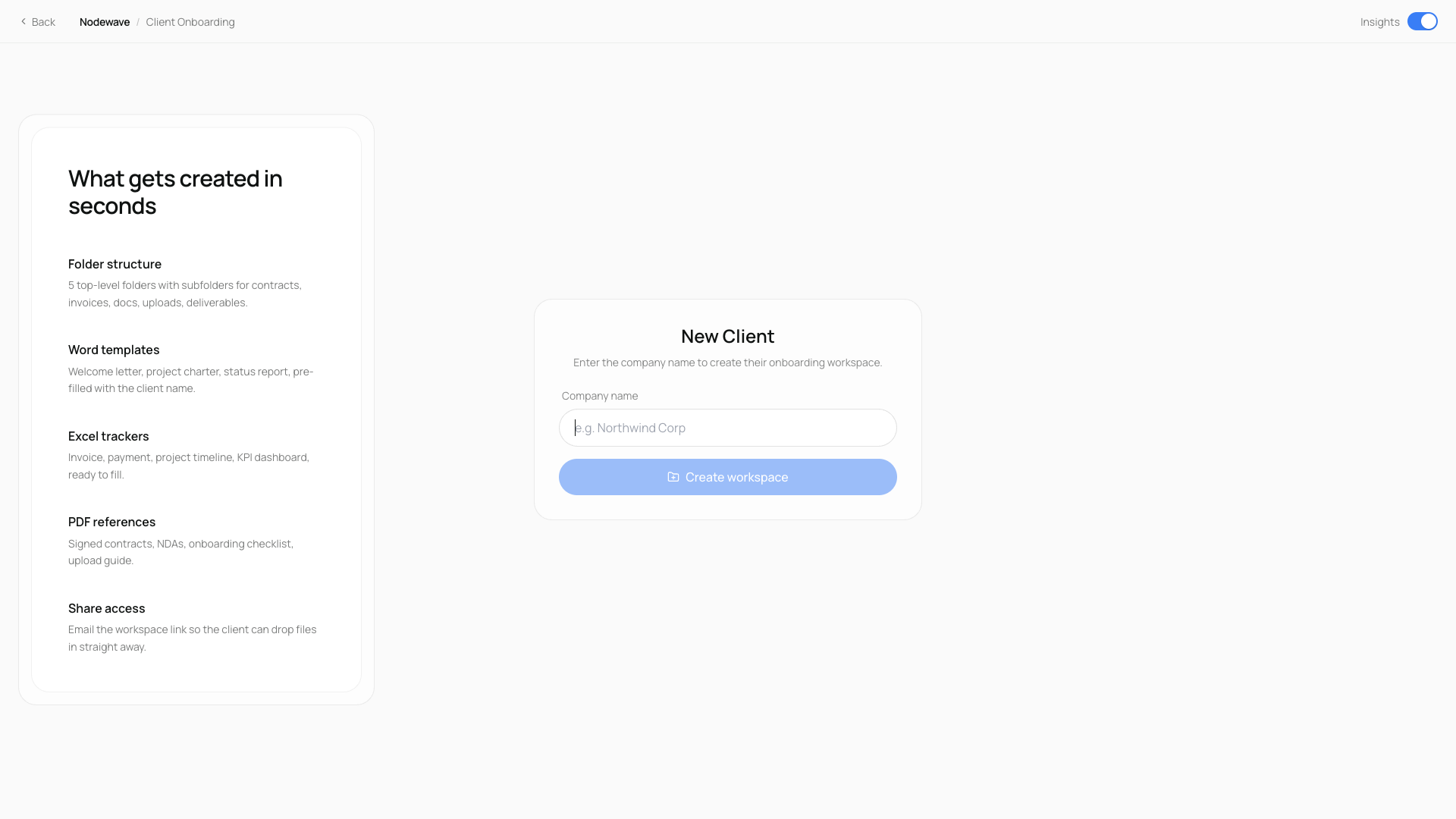 Client onboarding workspace